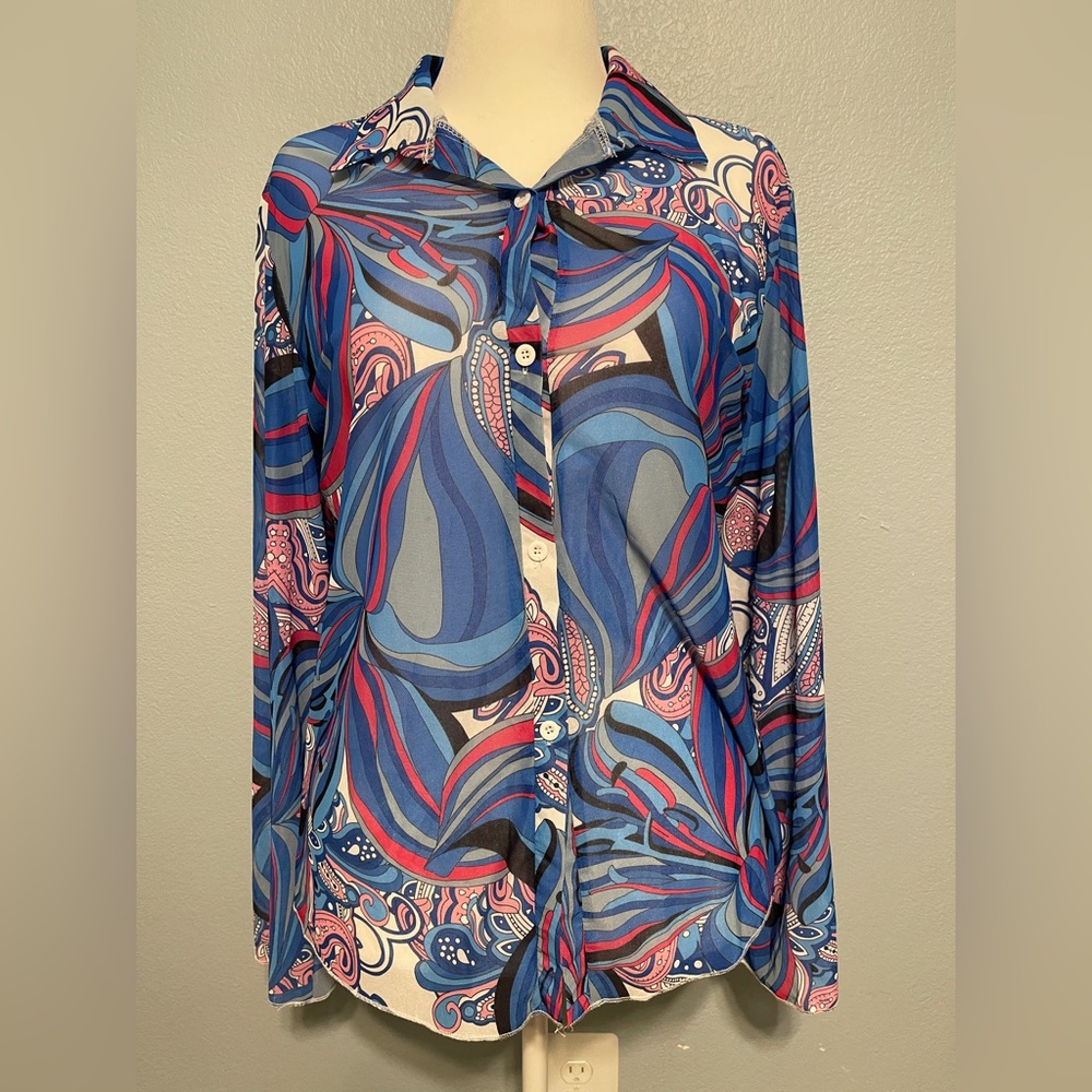 Abstract Swirl Print Button Front Blouse Blue Pink Long Sleeve Top Mod Retro 2XL